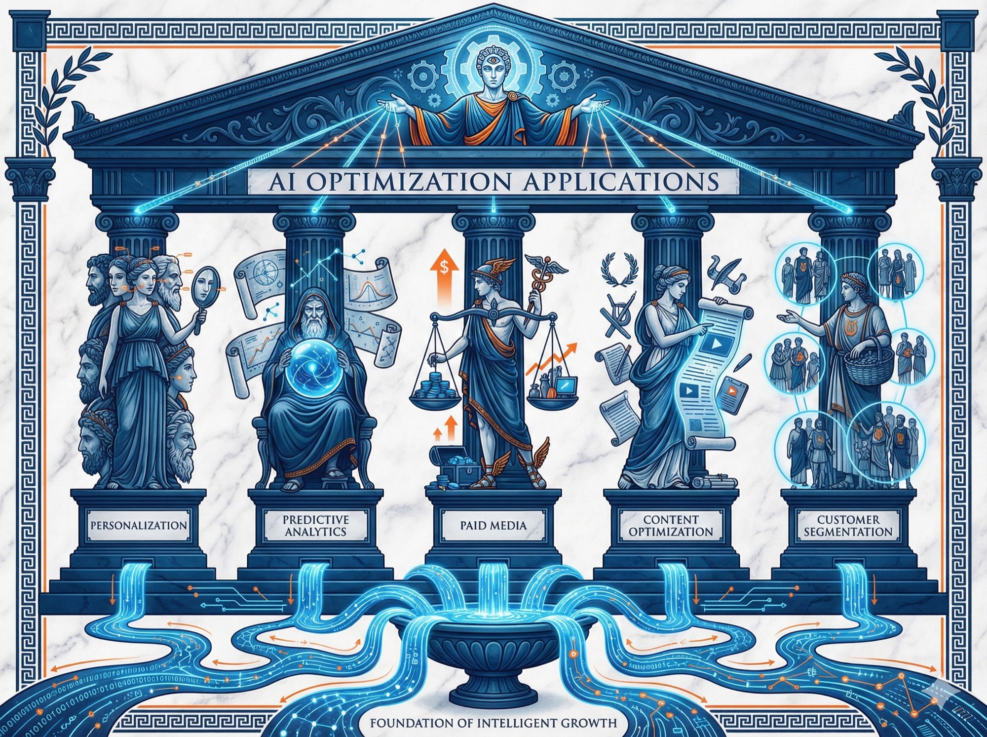 Greek temple illustration representing five pillars of AI optimization: personalization, predictive analytics, paid media, content, and segmentation