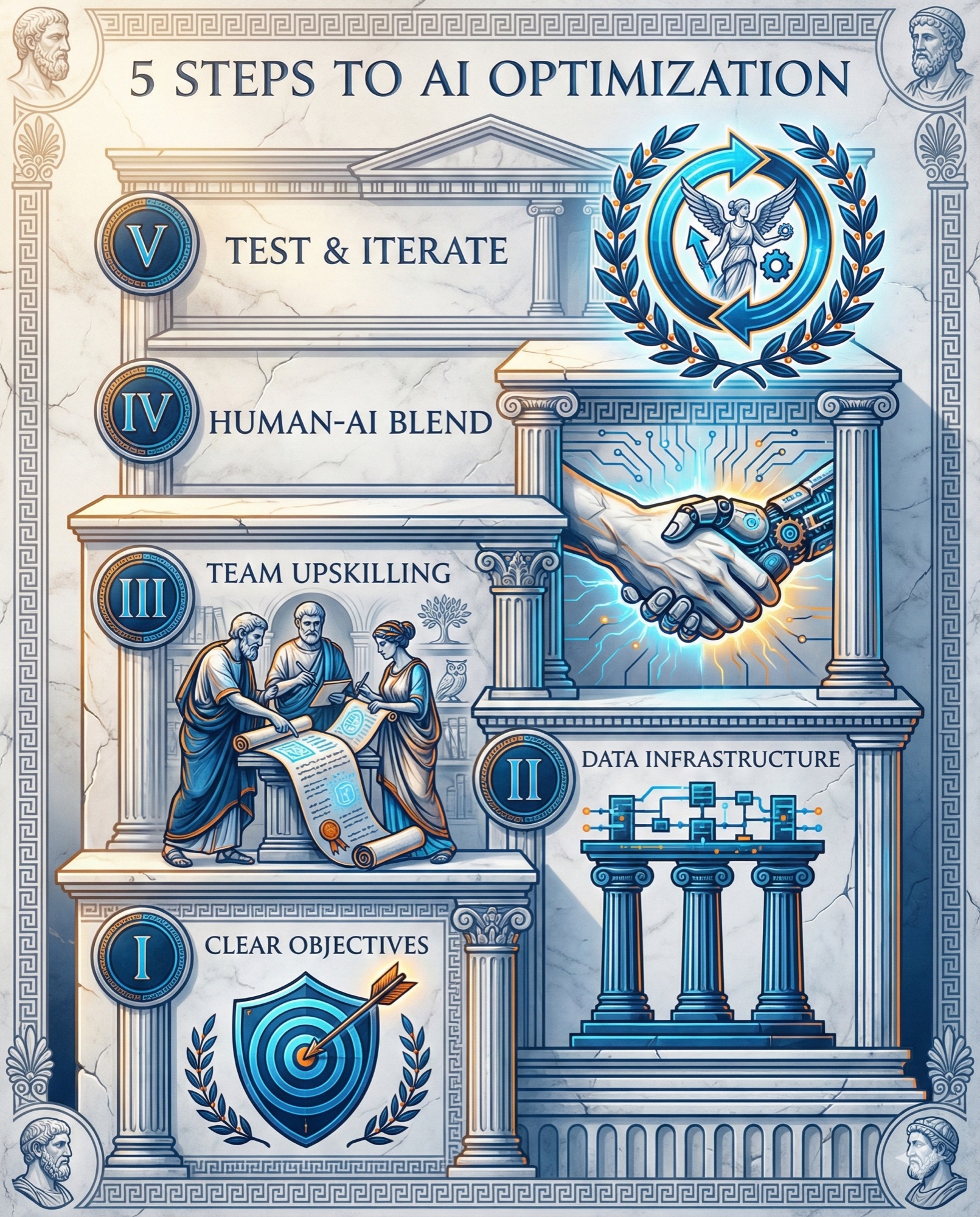 Five-step classical stairway infographic showing the AI optimization framework: objectives, data, upskilling, human-AI blend, and iteration