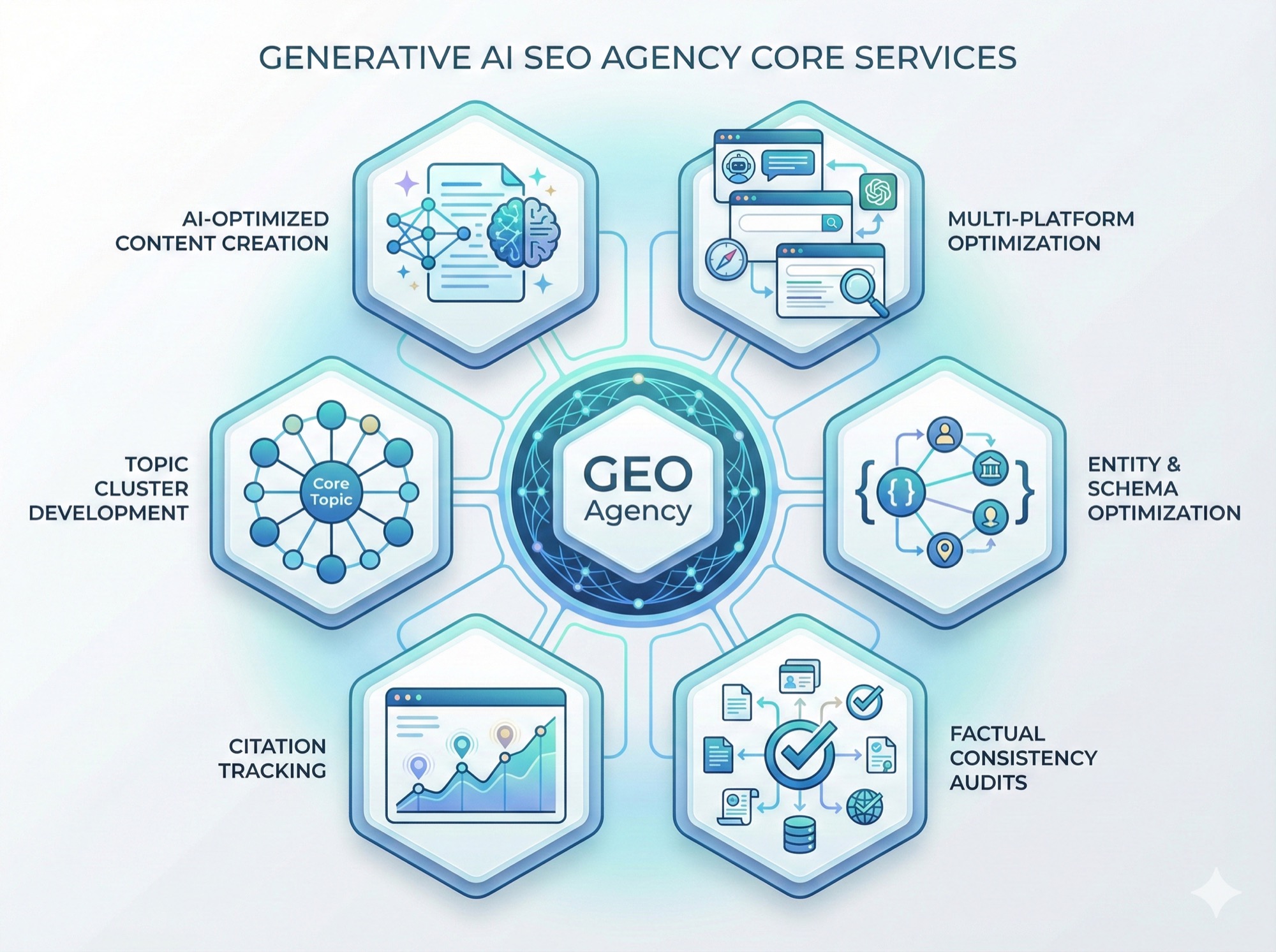 Interconnected service diagram showing six core GEO agency services including AI-optimized content creation, topic clusters, multi-platform optimization, entity schema, citation tracking, and factual consistency audits