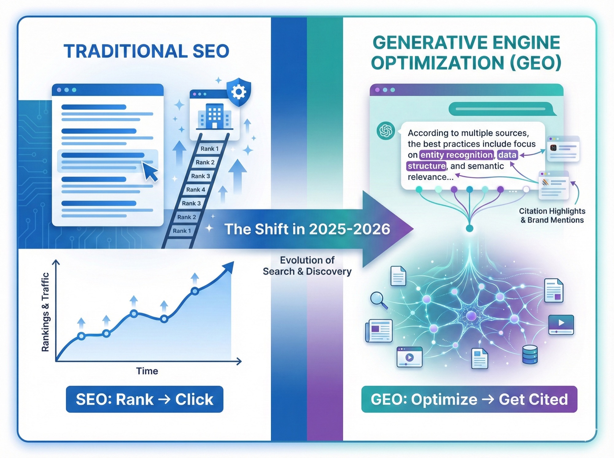 Infographic comparing traditional SEO rank-and-click model with GEO's optimize-and-cite approach showing the fundamental shift in search optimization