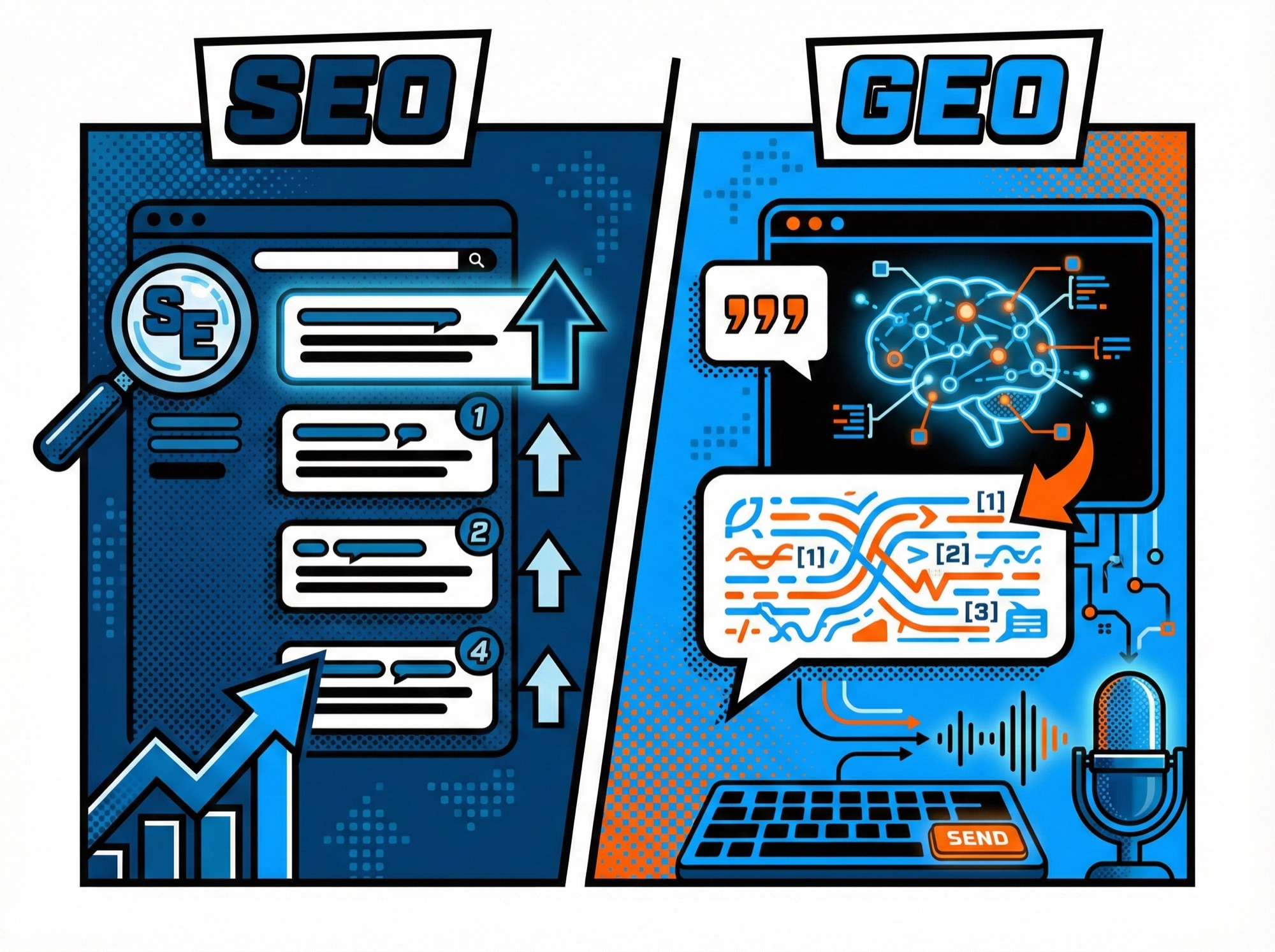 Split comparison showing SEO versus GEO optimization approaches
