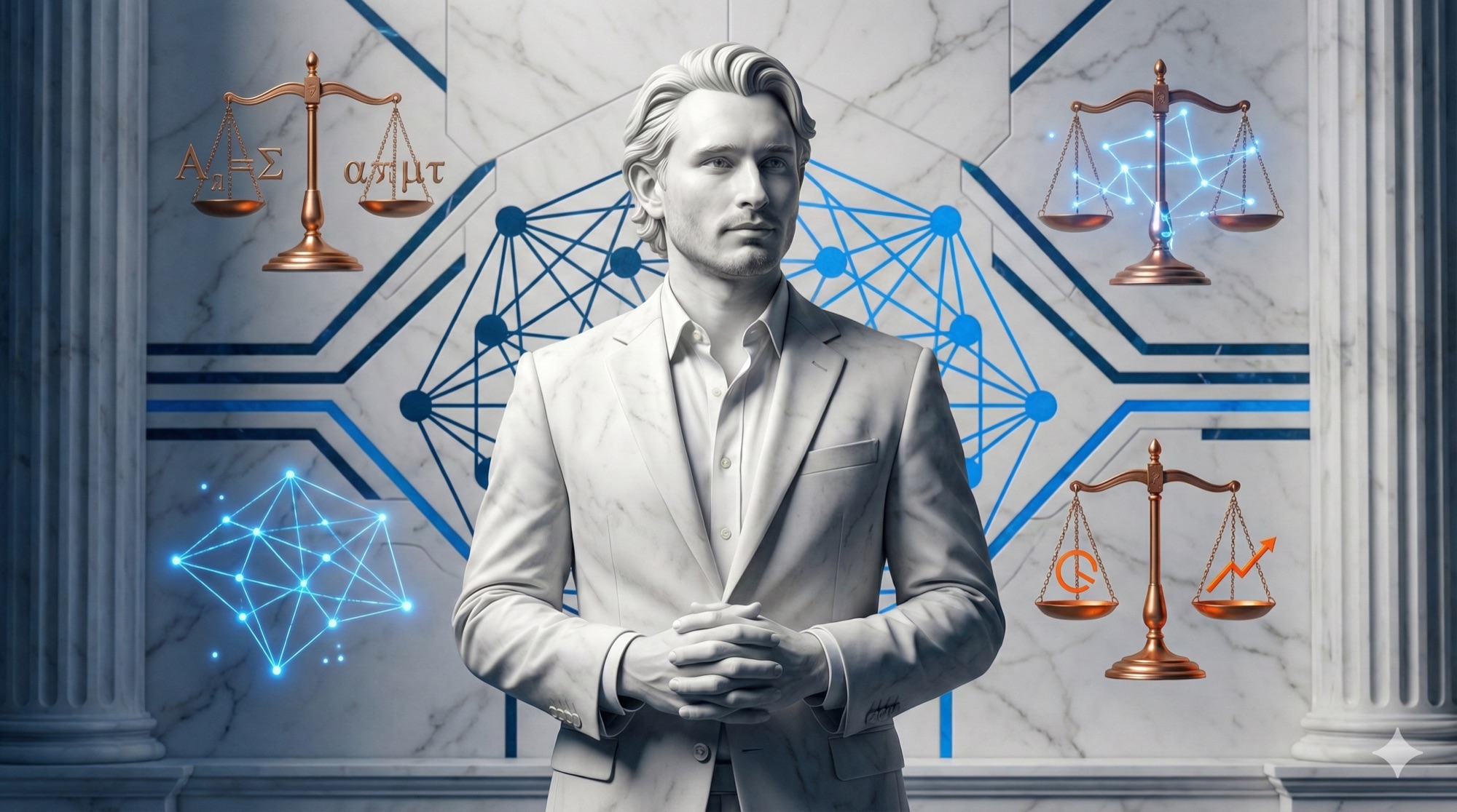 Matt Kundo explaining AI optimization strategies in a classical Greek-Roman artistic style with neural network patterns and data flows