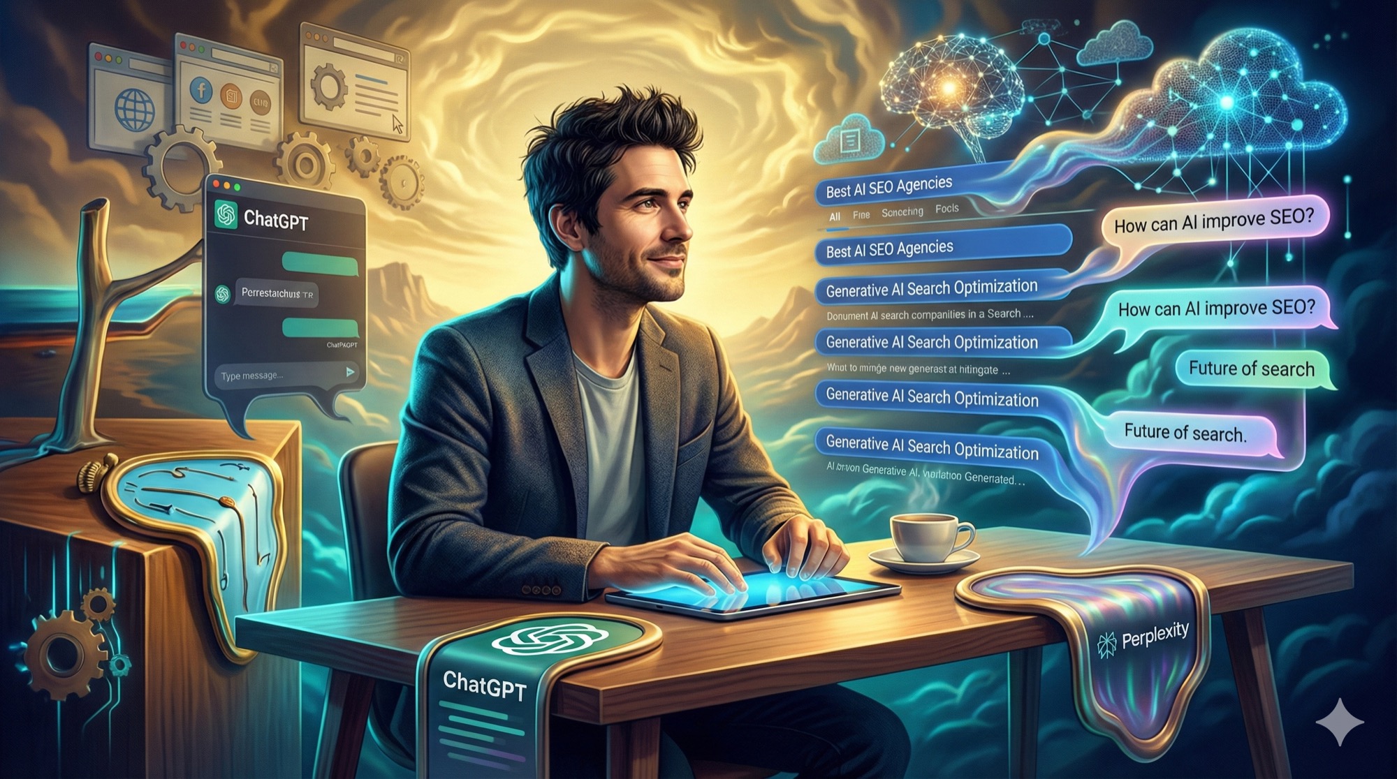 Professional digital marketer Matt Kundo in surrealist art style with AI chat interfaces and neural network patterns representing the evolution from traditional SEO to generative AI optimization