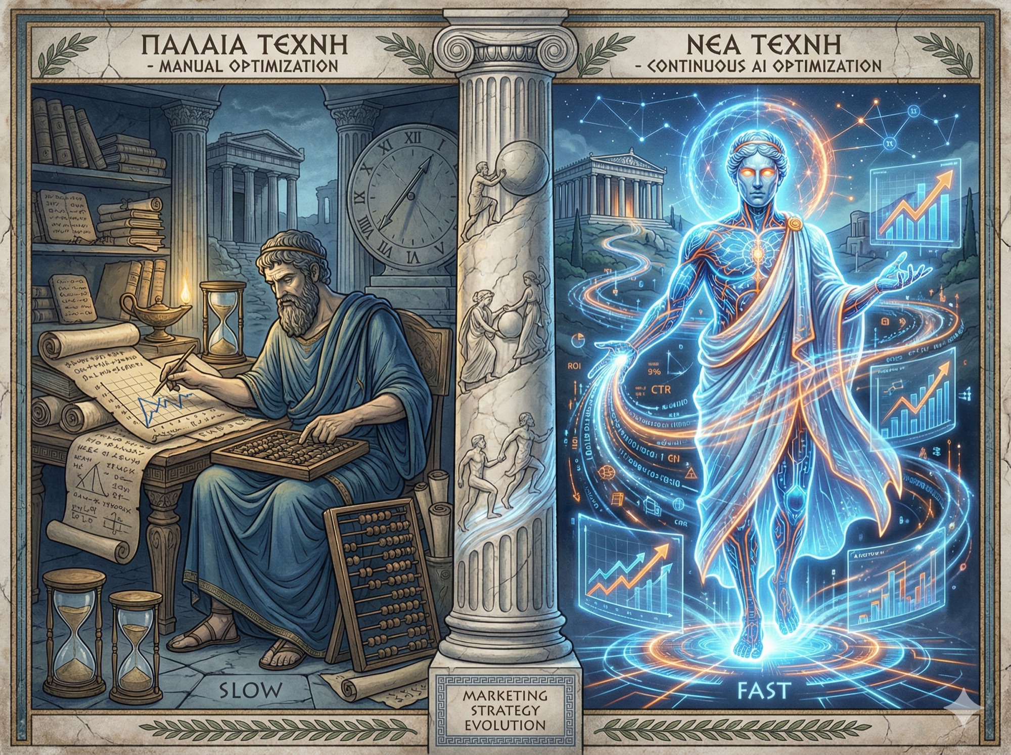 Comparison illustration showing traditional marketing optimization versus AI-powered optimization in classical Greek art style