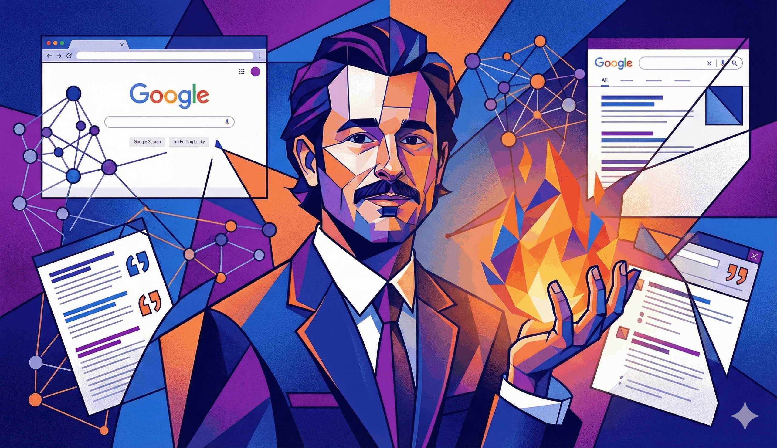 Matt Kundo explaining AI Overviews ranking strategies in a Cubist art style with geometric search elements