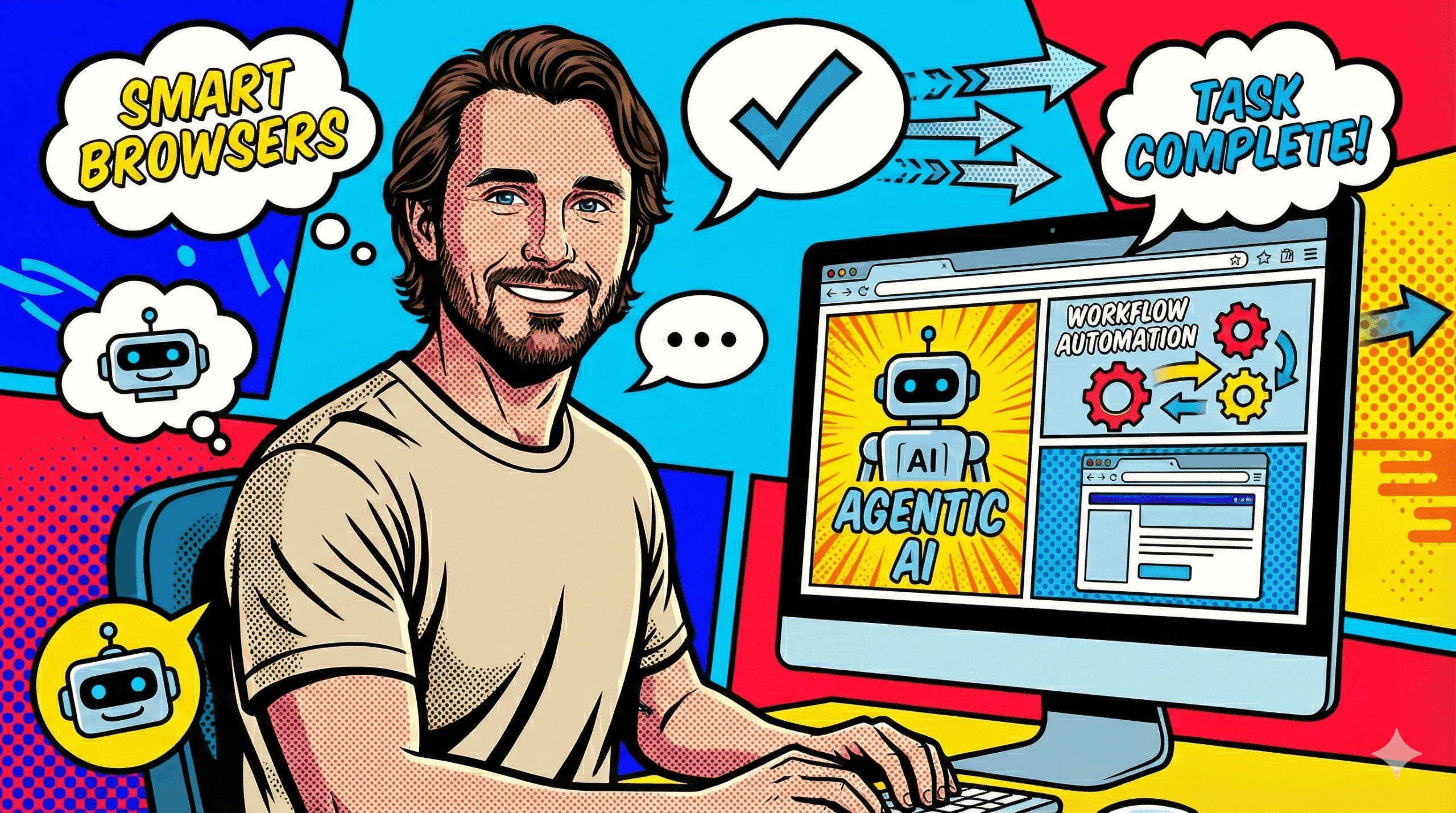 Professional in Pop Art style working with agentic AI browsers and workflow automation