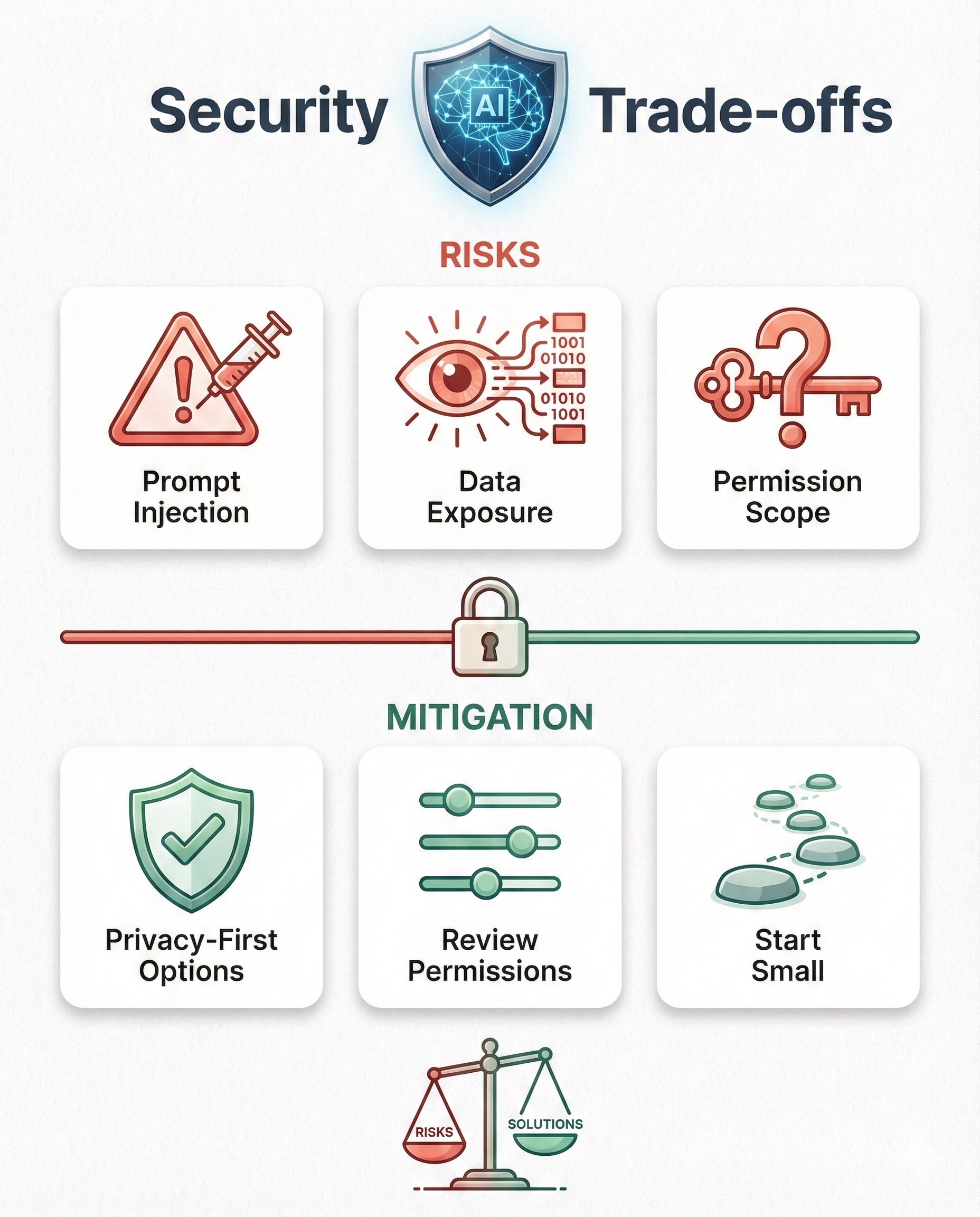 Security trade-offs infographic for agentic AI browsers showing risks and mitigation strategies