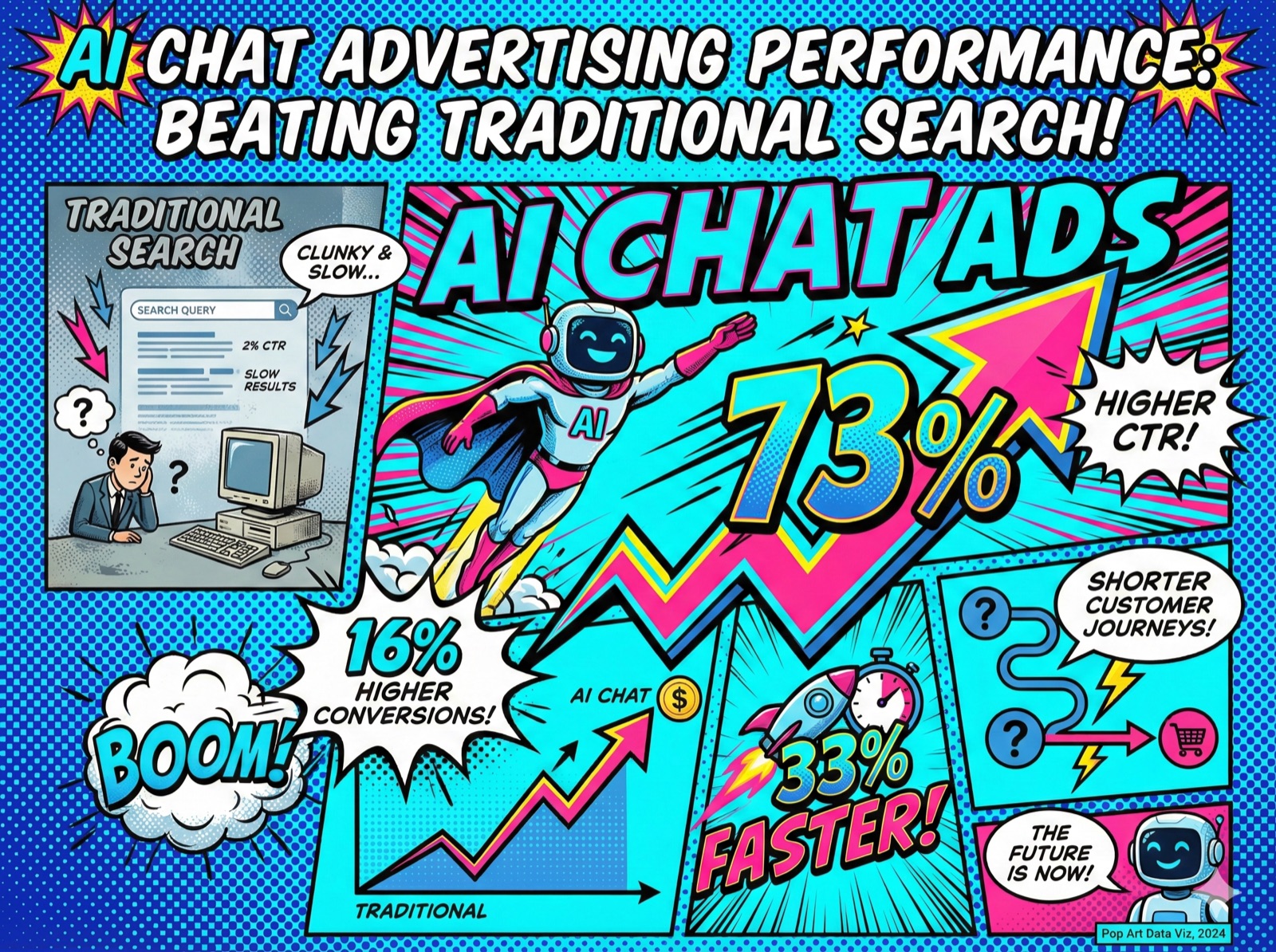 Pop Art visualization of AI chat advertising performance showing 73% higher CTR, 16% higher conversions, and 33% shorter customer journeys