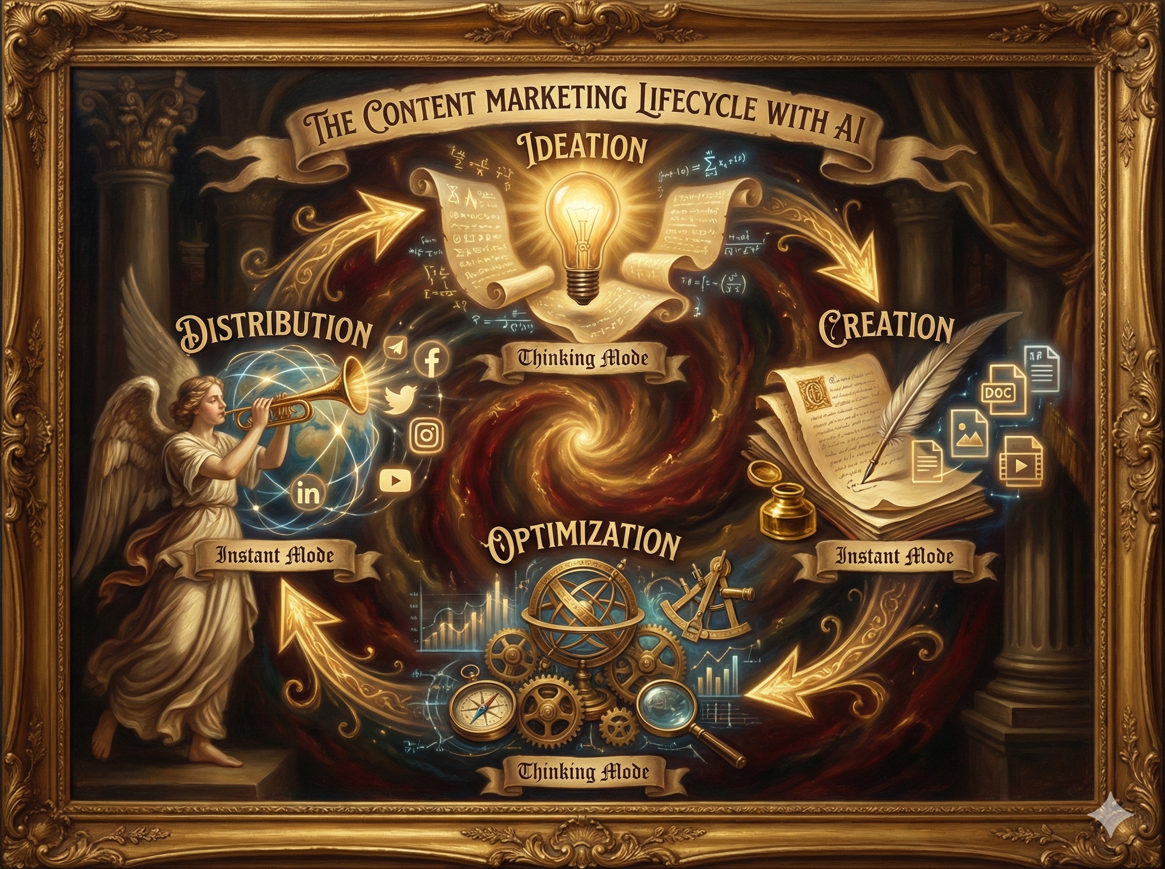 GPT-5.1 content lifecycle workflow showing ideation, creation, optimization, and distribution phases