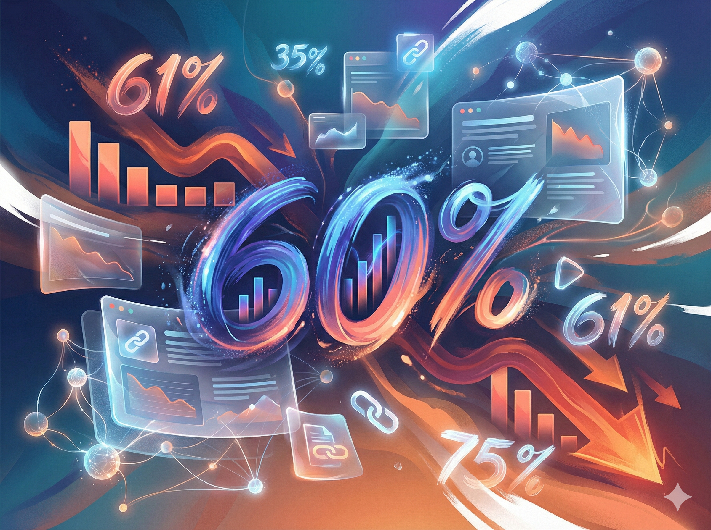 AI Overviews statistics infographic showing 60% search presence and CTR impact in artistic digital style